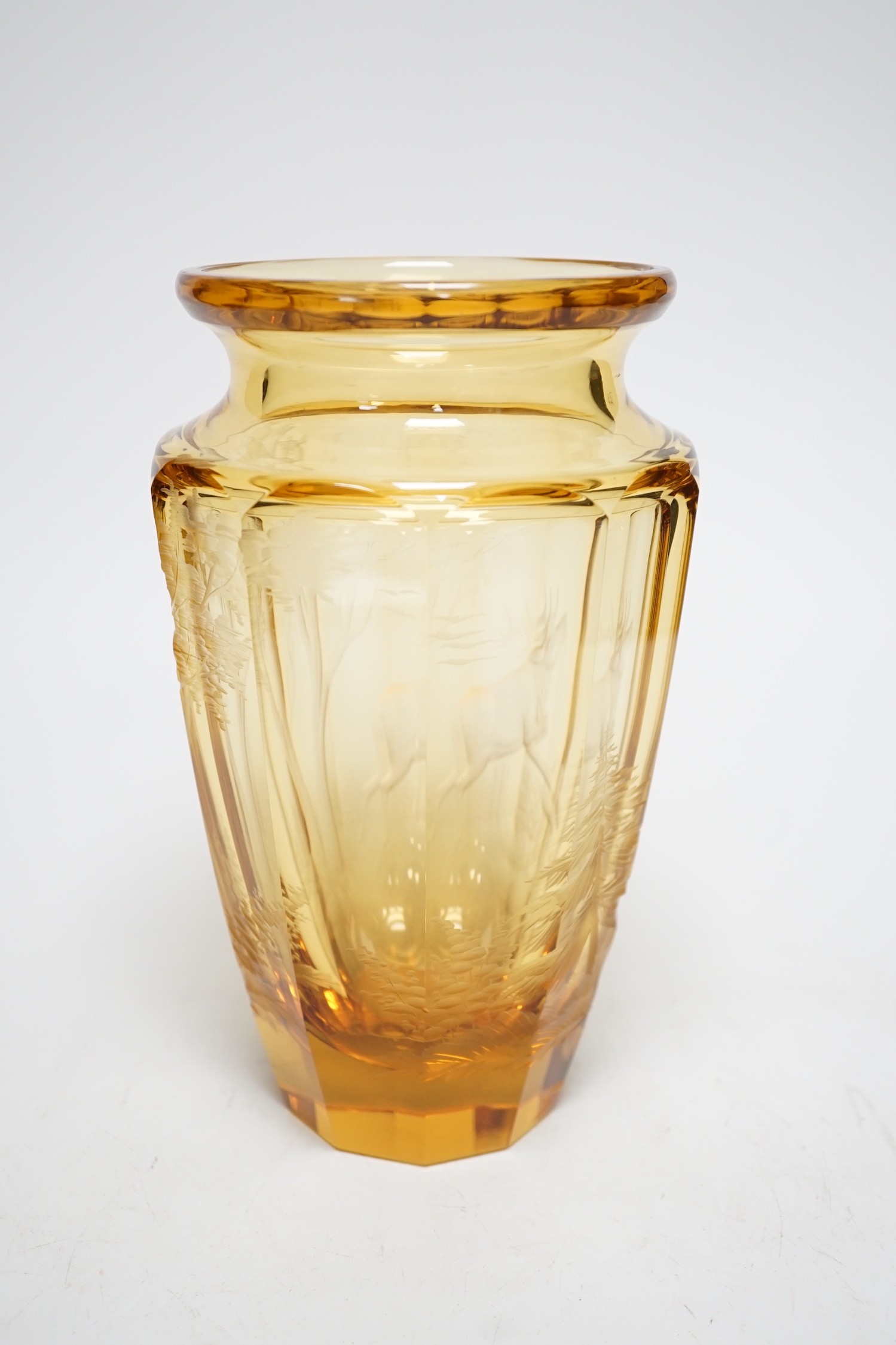 A Moser wheel engraved amber glass vase, 22cm